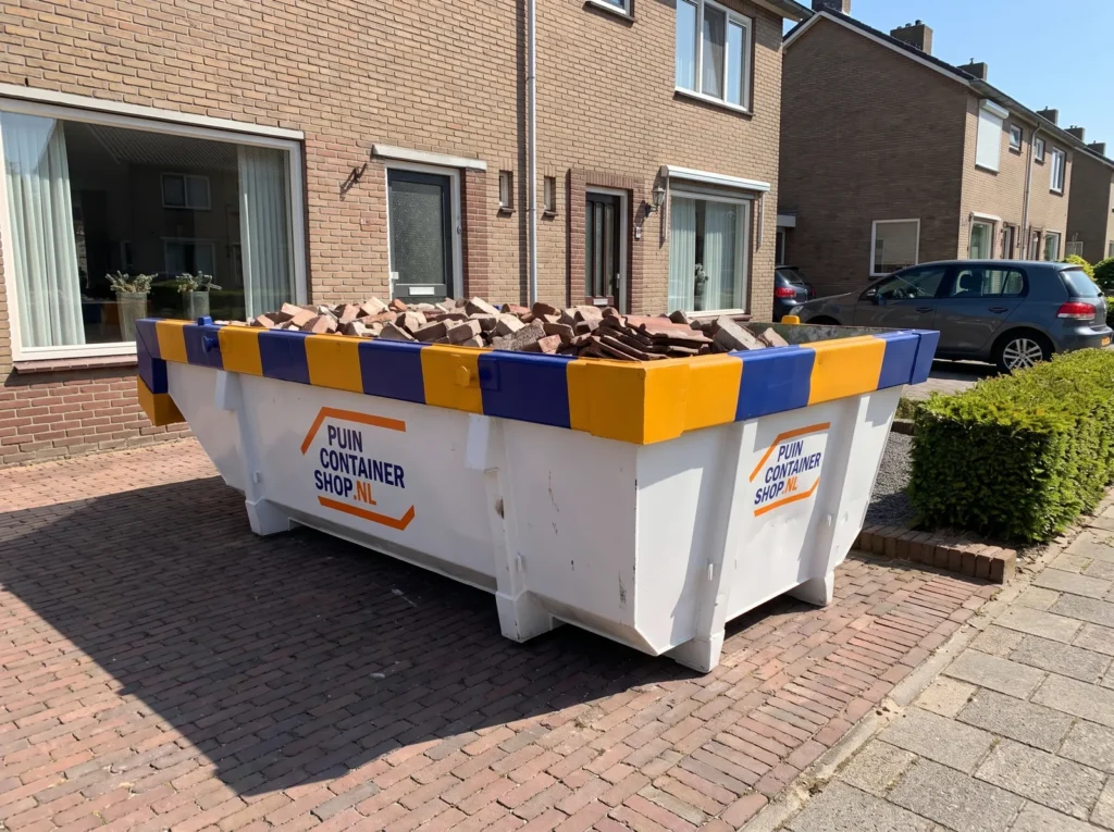 Container huren in Hoogeveen: afzetcontainer van Puincontainershop.nl op een oprit bij een woning