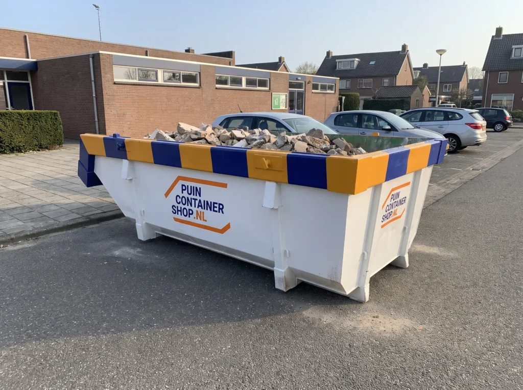 Container huren in Hoorn: afzetcontainer van Puincontainershop.nl op een oprit bij een woning
