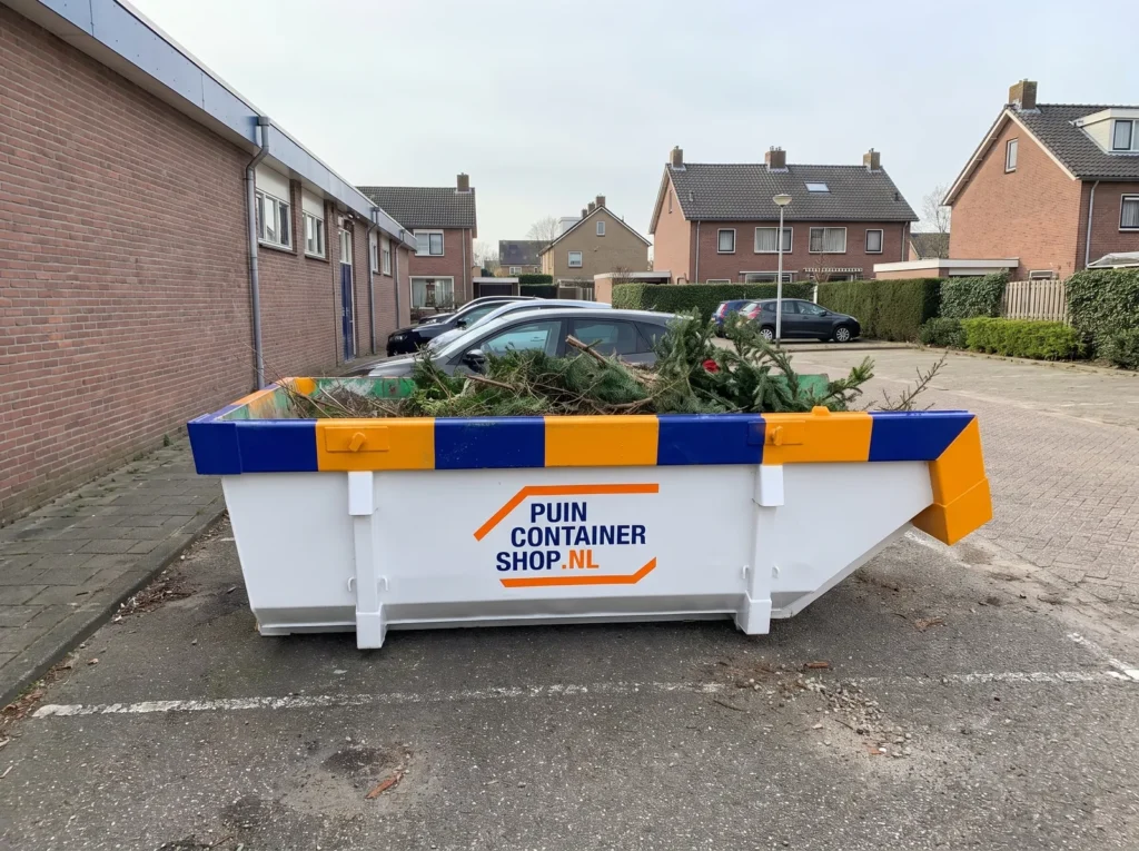Container huren in Huizen: afzetcontainer van Puincontainershop.nl op een oprit bij een woning