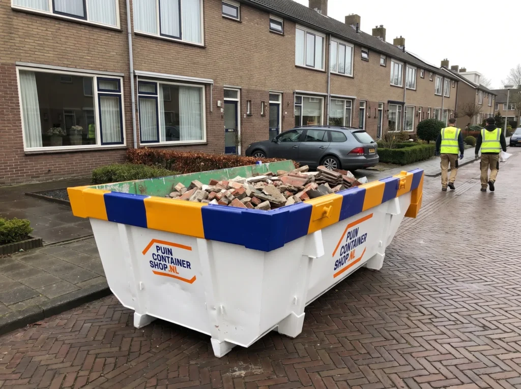 Container huren in Kampen: afzetcontainer van Puincontainershop.nl op een oprit bij een woning