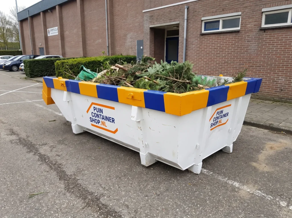 Container huren in Landgraaf: afzetcontainer van Puincontainershop.nl op een oprit bij een woning