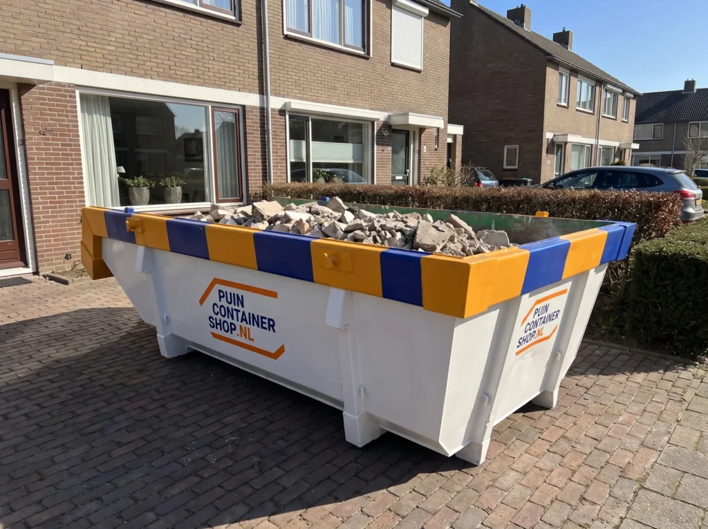 Container huren in Leeuwarden: afzetcontainer van Puincontainershop.nl op een oprit bij een woning
