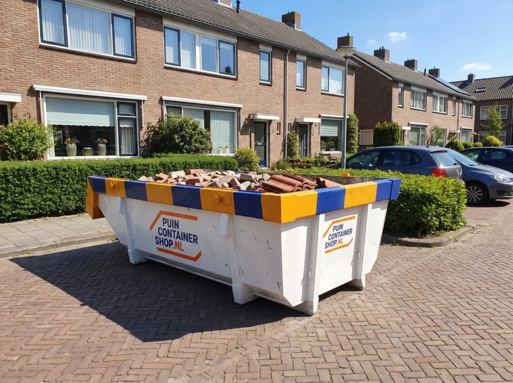 Container huren in Leiden: afzetcontainer van Puincontainershop.nl in een parkeerstrook bij woningen