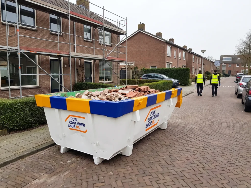 Container huren in Leiderdorp: afzetcontainer van Puincontainershop.nl op een oprit bij een woning