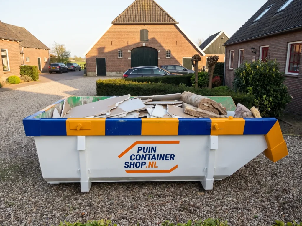 Container huren in Leidschendam: afzetcontainer van Puincontainershop.nl op een oprit bij een woning