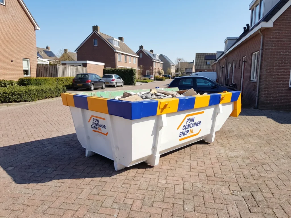 Container huren in Lelystad: afzetcontainer van Puincontainershop.nl op een oprit bij een moderne woning