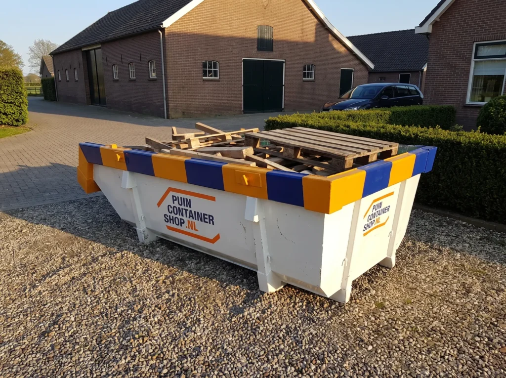 Container huren in Lisse: afzetcontainer van Puincontainershop.nl op een oprit bij een woning