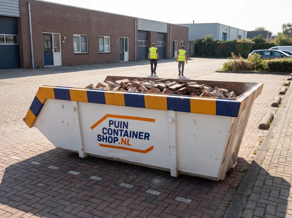 Container huren in Maarssen: afzetcontainer van Puincontainershop.nl op een oprit aan het water
