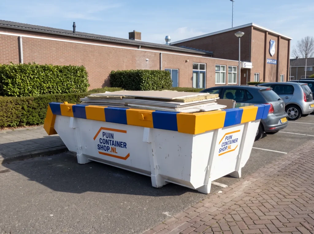 Container huren in Maassluis: afzetcontainer van Puincontainershop.nl op een oprit bij een woning