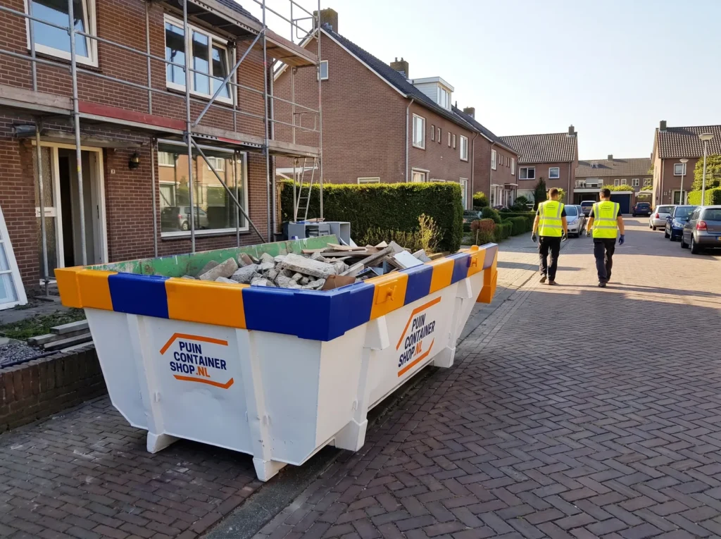 Container huren in Maastricht: afzetcontainer van Puincontainershop.nl op een oprit bij een woning