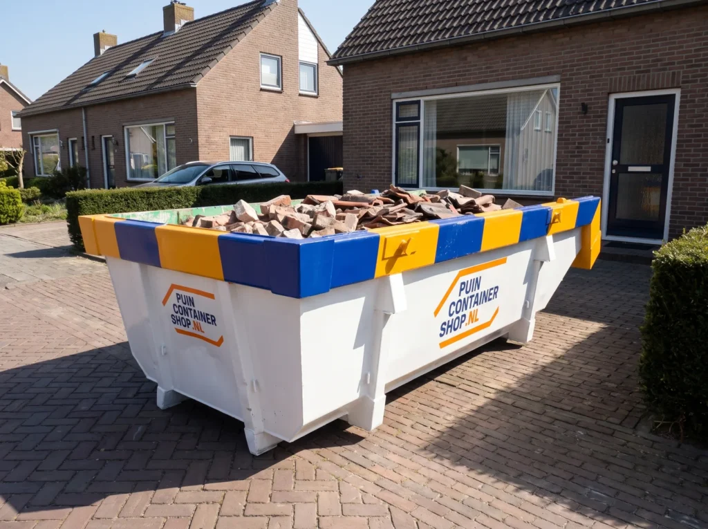 Container huren in Medemblik: afzetcontainer van Puincontainershop.nl op een oprit bij een woning
