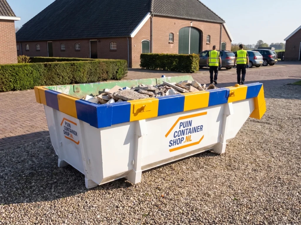 Container huren in Meppel: afzetcontainer van Puincontainershop.nl op een oprit bij een woning