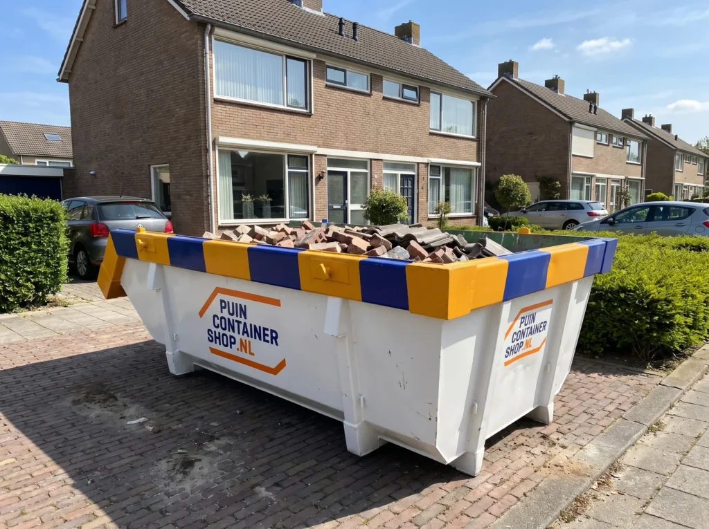 Container huren in Montfoort: afzetcontainer van Puincontainershop.nl op een oprit bij een woning