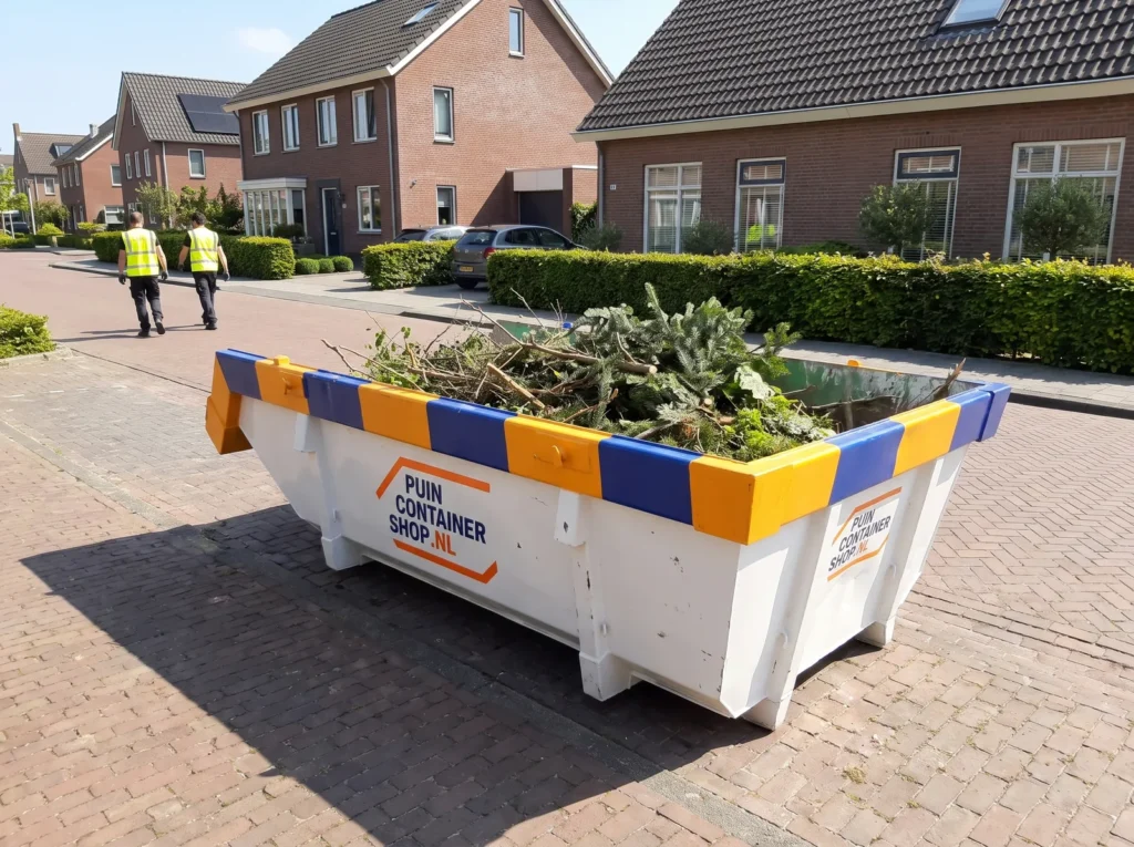 Container huren in Nieuwegein: afzetcontainer van Puincontainershop.nl op een oprit bij een woning