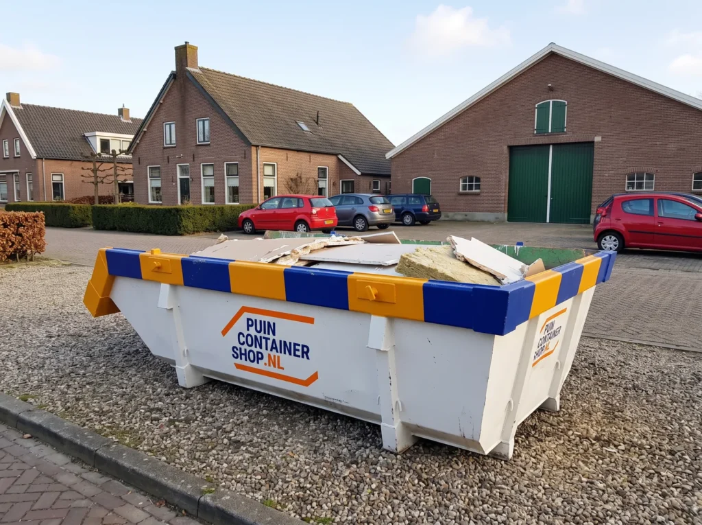 Container huren in Nieuwerkerk aan den IJssel: afzetcontainer van Puincontainershop.nl op een oprit bij een woning