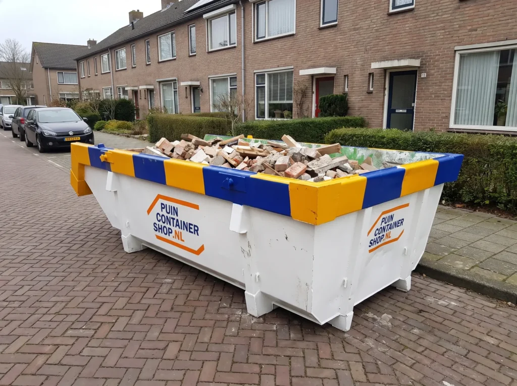 Container huren in Nijmegen: afzetcontainer van Puincontainershop.nl op een oprit bij een woning