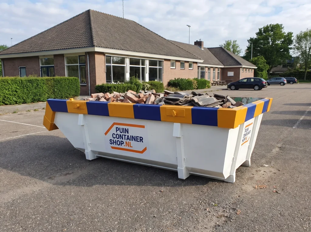 Container huren in Oegstgeest: afzetcontainer van Puincontainershop.nl op een oprit bij een woning