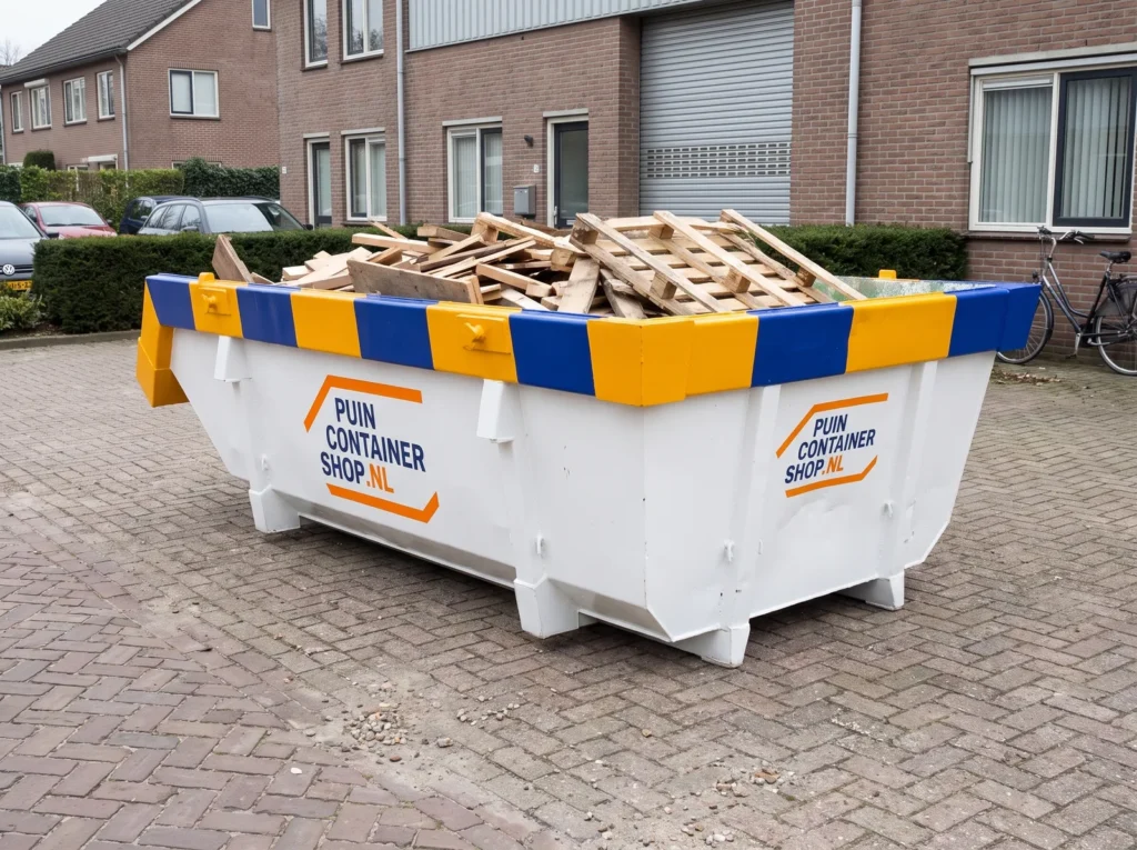 Container huren in Oisterwijk: afzetcontainer van Puincontainershop.nl op een oprit bij een woning