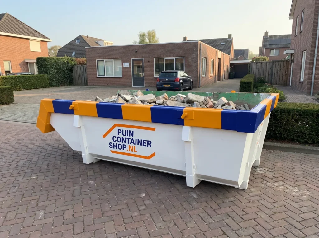 Container huren in Oldenzaal: afzetcontainer van Puincontainershop.nl op een oprit bij een woning