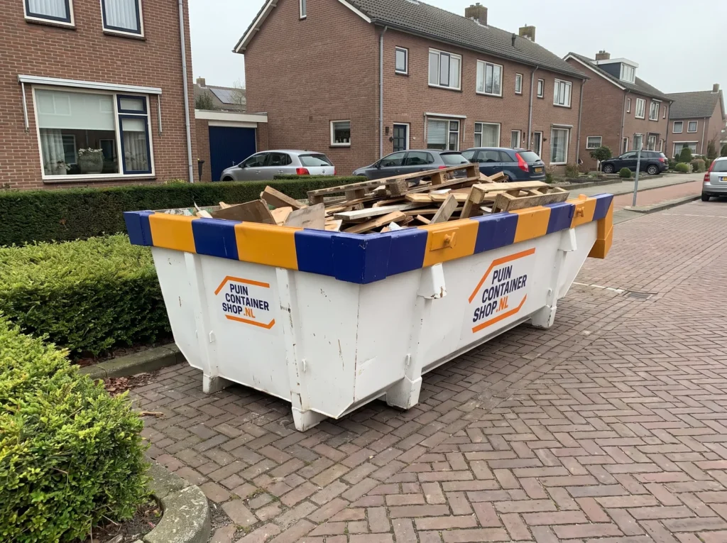 Container huren in Oosterhout: afzetcontainer van Puincontainershop.nl op een oprit bij een woning