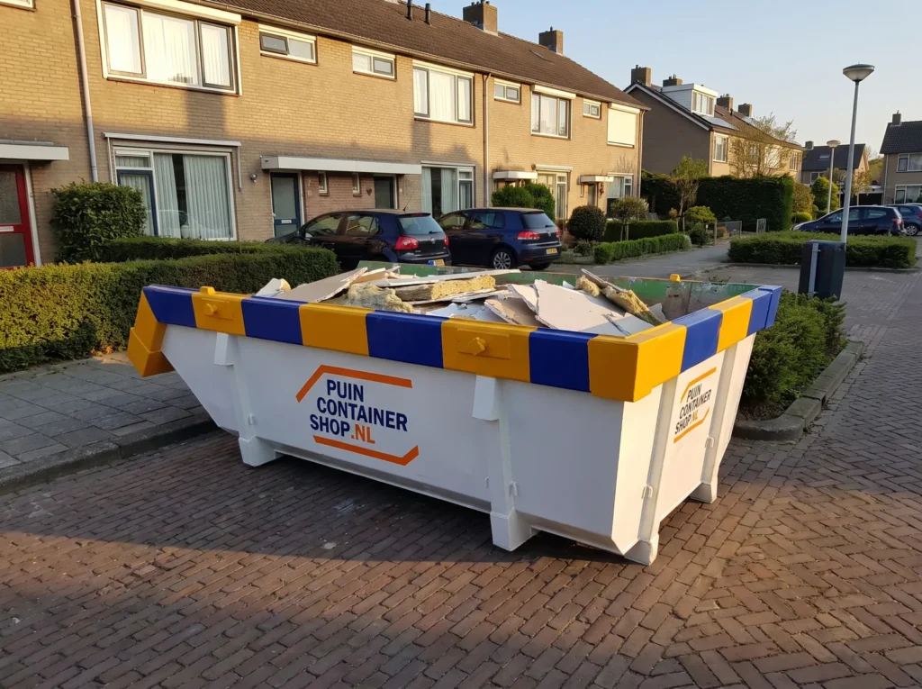 Container huren in Oss: afzetcontainer van Puincontainershop.nl op een oprit bij een woning
