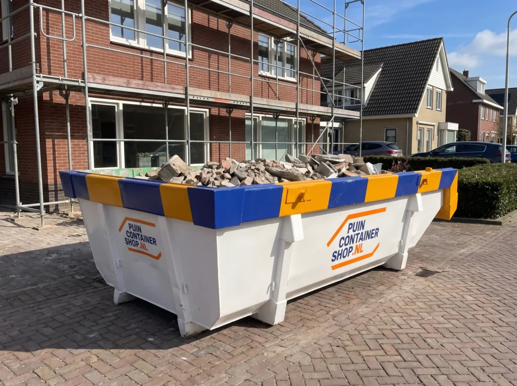 Container huren in Oud-Beijerland: afzetcontainer van Puincontainershop.nl op een oprit bij een woning