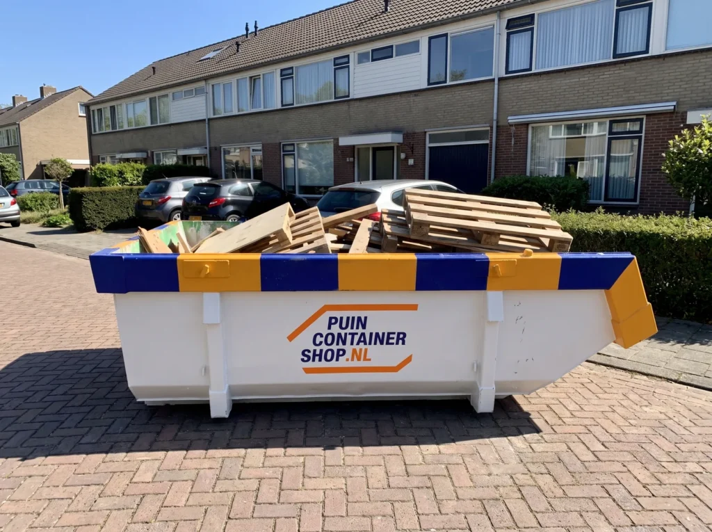 Container huren in Papendrecht: afzetcontainer van Puincontainershop.nl op een oprit bij een woning