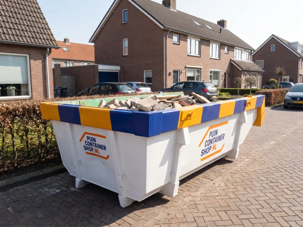 Container huren in Pijnacker: afzetcontainer van Puincontainershop.nl op een oprit bij een woning