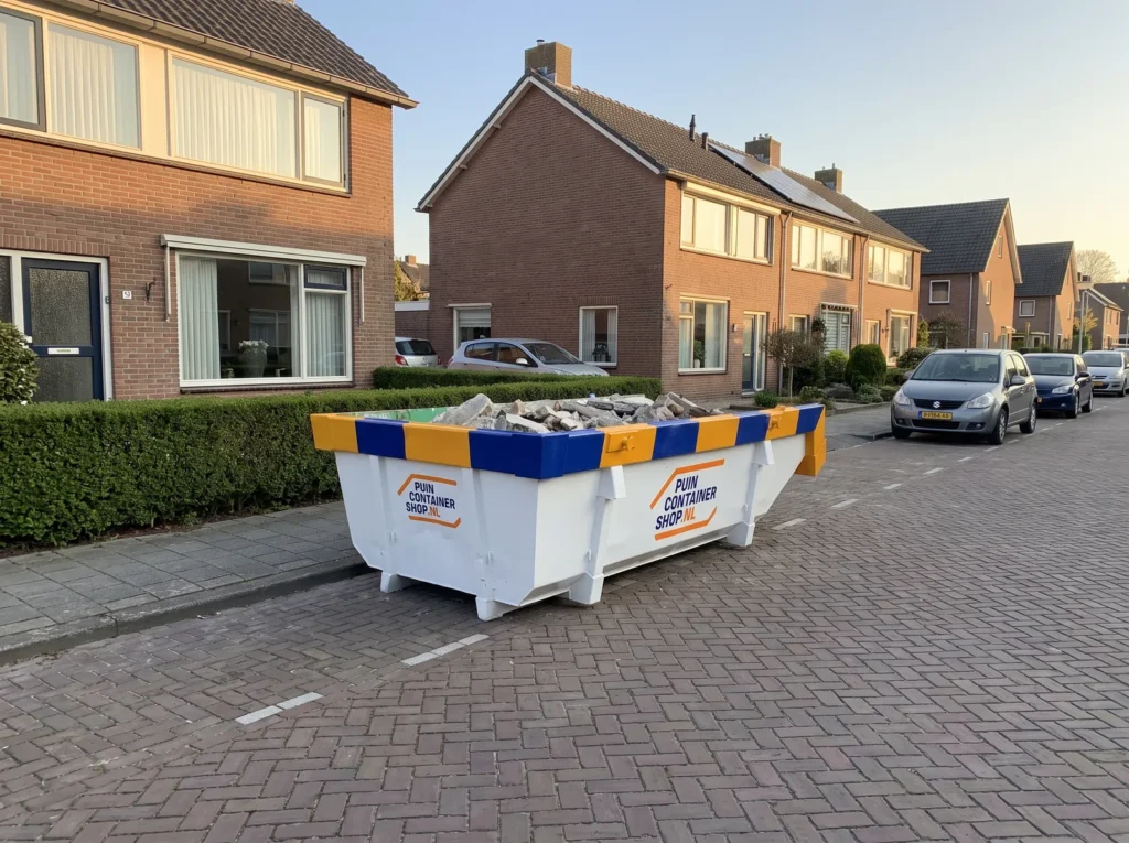 Container huren in Purmerend: afzetcontainer van Puincontainershop.nl op een oprit bij een woning