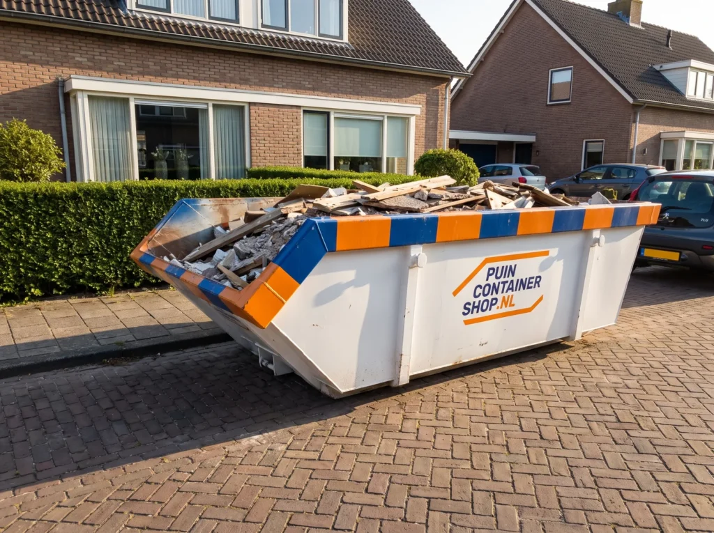 Container huren in Rhoon: afzetcontainer van Puincontainershop.nl op een oprit bij een woning