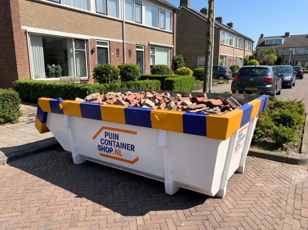 Container huren in Ridderkerk: afzetcontainer van Puincontainershop.nl op een oprit bij een woning