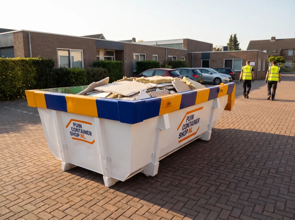 Container huren in Roermond: afzetcontainer van Puincontainershop.nl op een oprit bij een woning