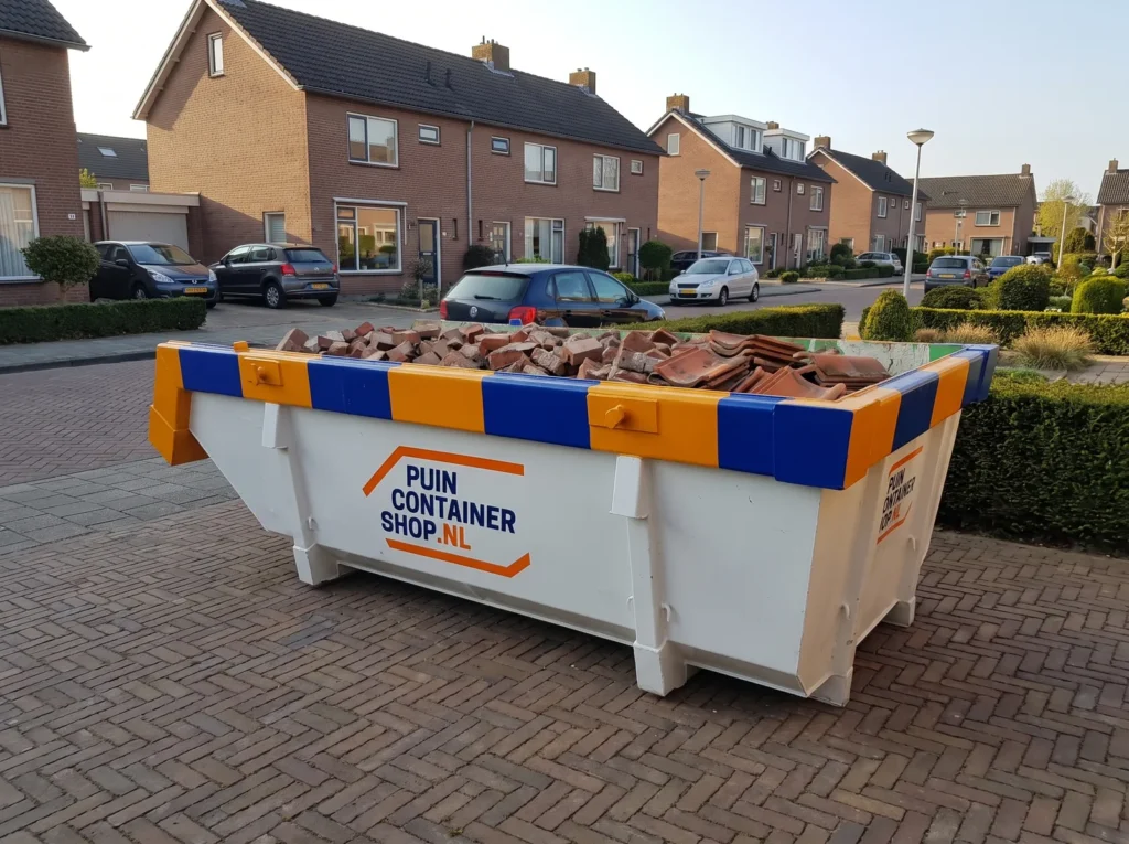 Container huren in 's-Hertogenbosch: afzetcontainer van Puincontainershop.nl op een oprit bij een woning.