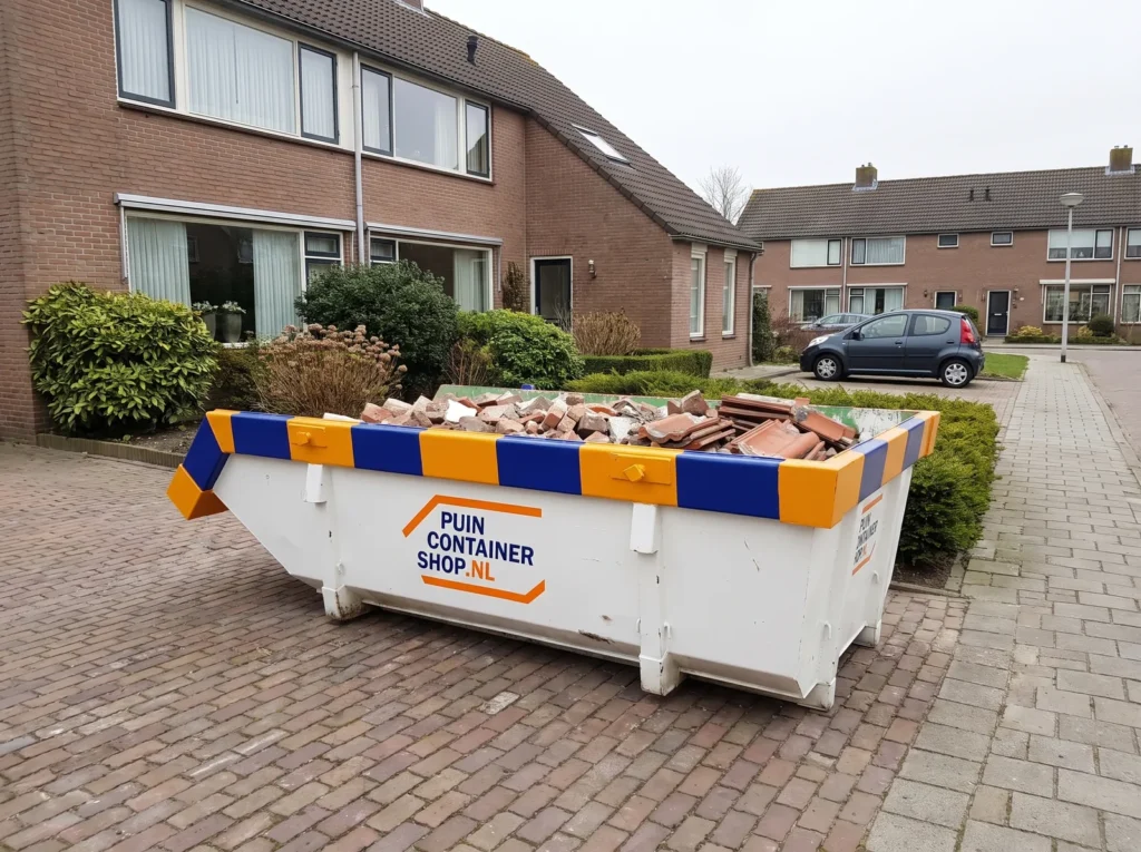 Container huren in Schagen: afzetcontainer van Puincontainershop.nl op een oprit bij een woning
