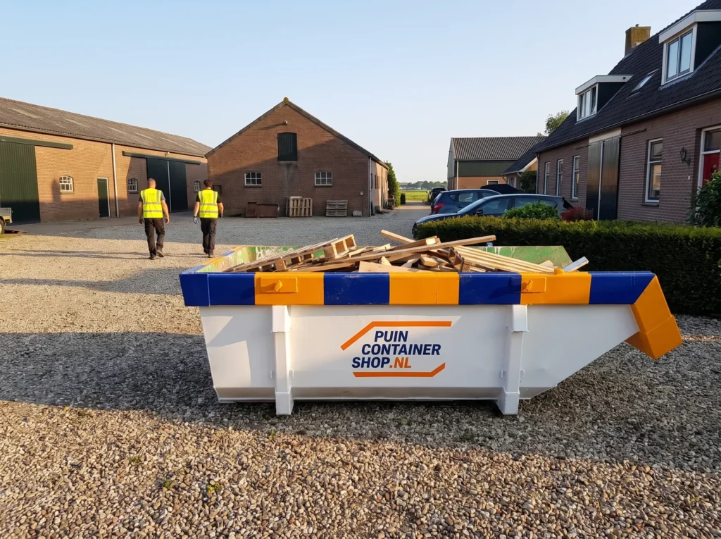 Container huren in Schiedam: afzetcontainer van Puincontainershop.nl in een parkeervak bij een woning