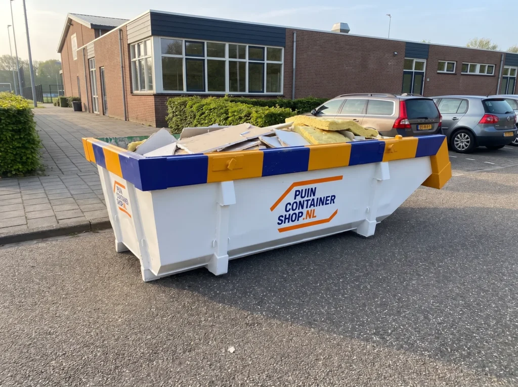 Container huren in Sittard: afzetcontainer van Puincontainershop.nl op een oprit bij een woning