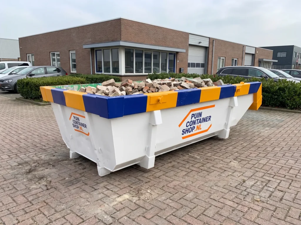 Container huren in Sliedrecht: afzetcontainer van Puincontainershop.nl op een oprit bij een woning