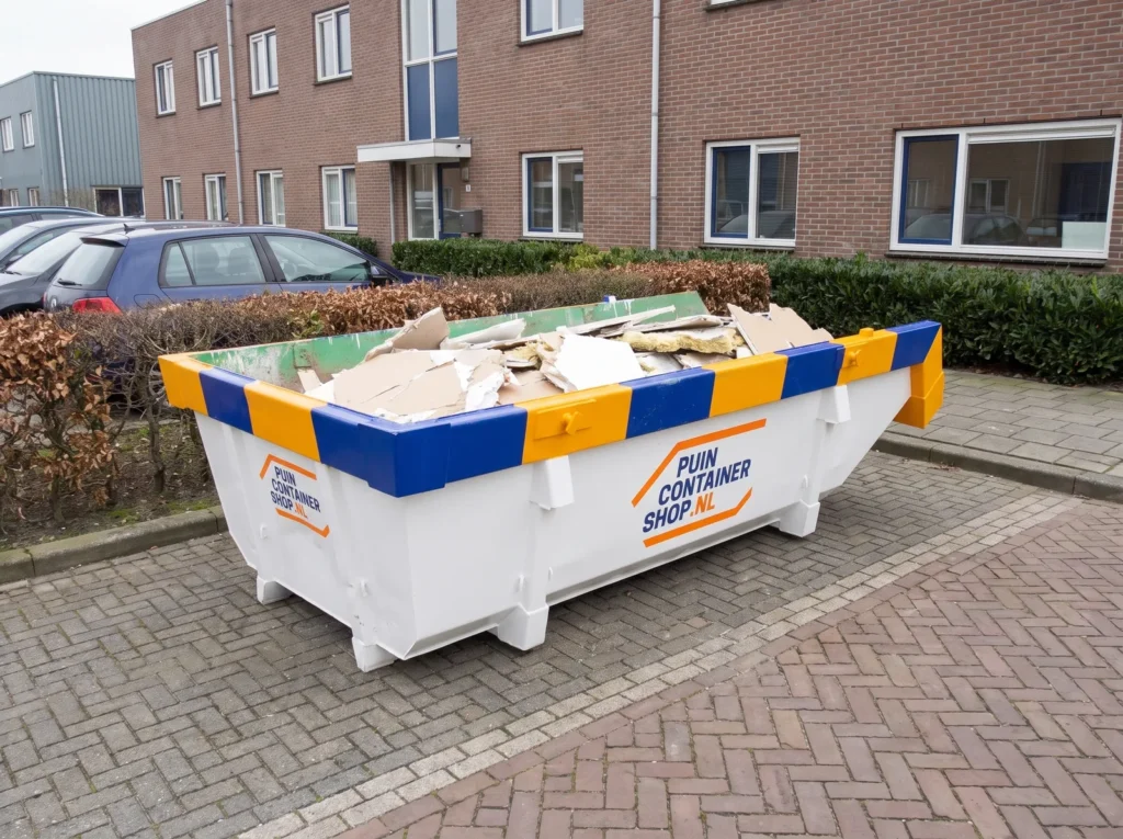 Container huren in Spijkenisse: afzetcontainer van Puincontainershop.nl op een oprit bij een woning