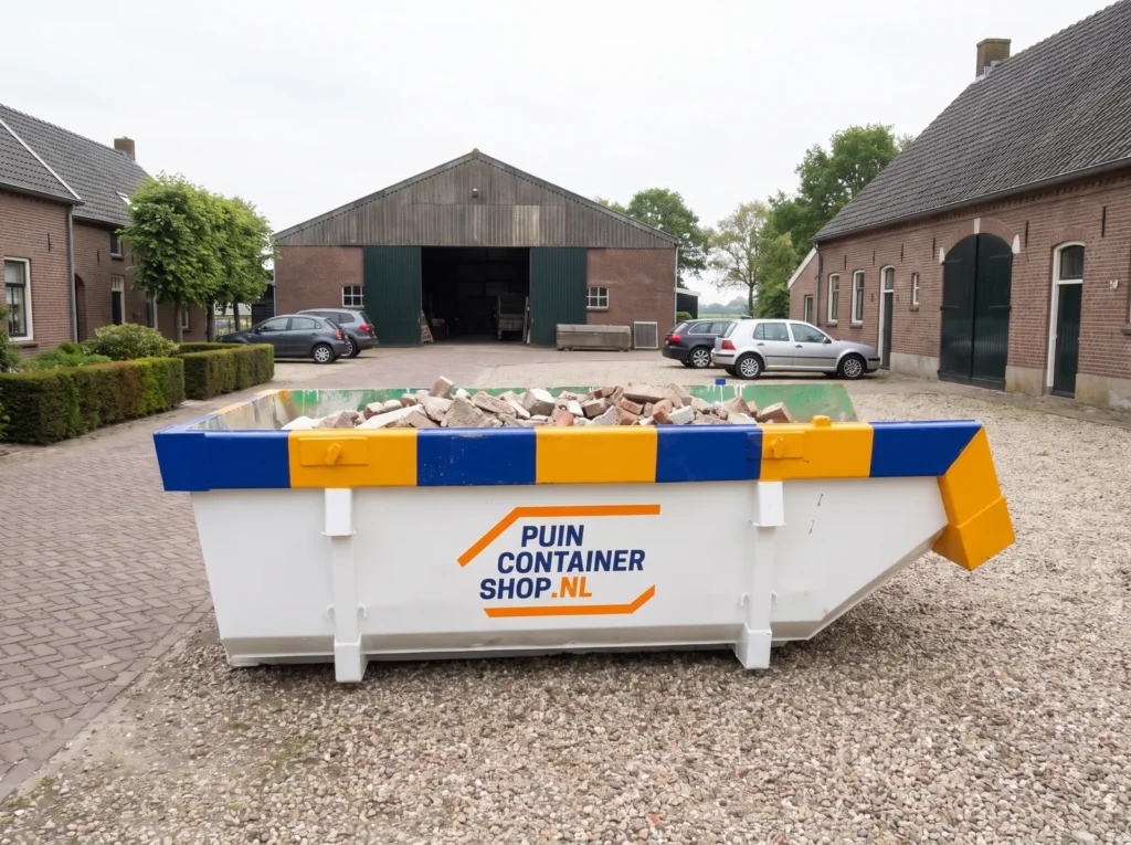 Container huren in Tilburg: afzetcontainer van Puincontainershop.nl op een oprit bij een woning