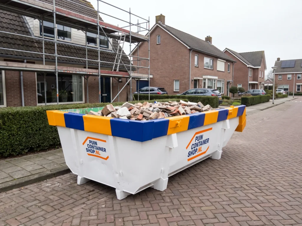 Container huren in Uden: afzetcontainer van Puincontainershop.nl op een oprit bij een woning
