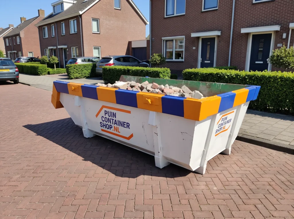 Container huren in Uithoorn: afzetcontainer van Puincontainershop.nl op een oprit bij een woning