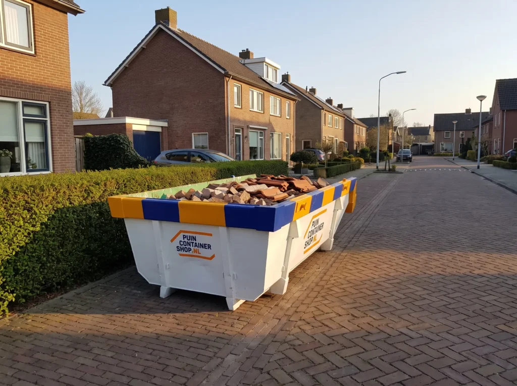 Container huren in Utrecht: afzetcontainer van Puincontainershop.nl op een ruime oprit in een woonwijk