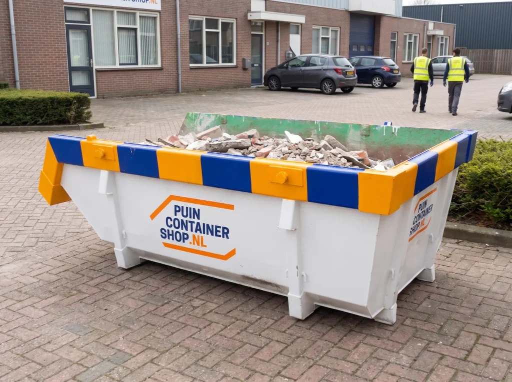 Container huren in Valkenswaard: afzetcontainer van Puincontainershop.nl op een oprit bij een woning