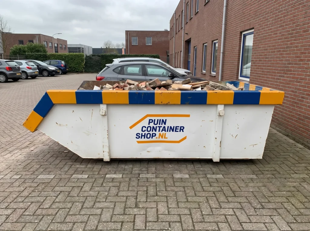 Container huren in Veenendaal: afzetcontainer van Puincontainershop.nl op een oprit bij een woning