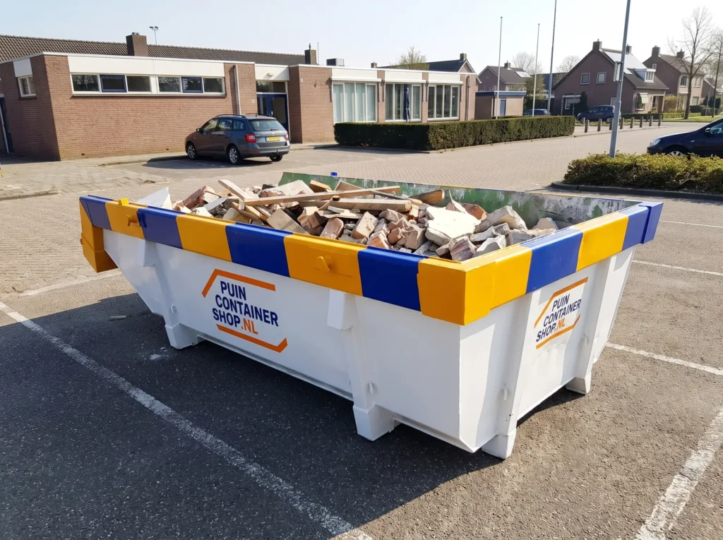 Container huren in Veghel: afzetcontainer van Puincontainershop.nl op een oprit bij een woning