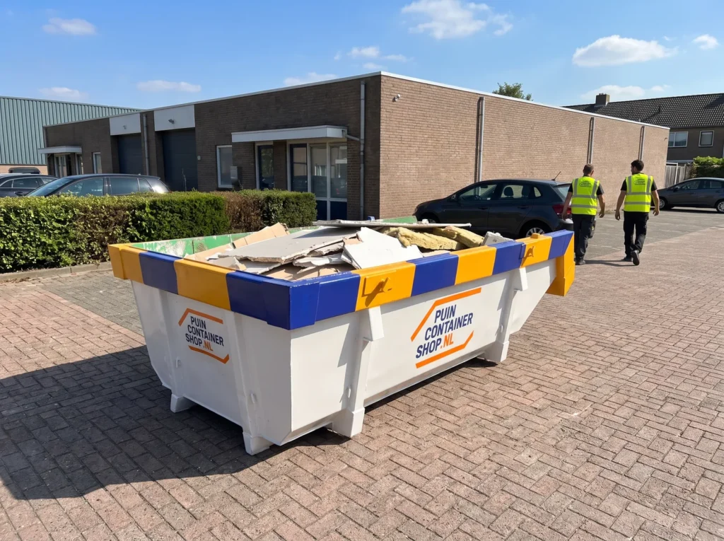 Container huren in Veldhoven: afzetcontainer van Puincontainershop.nl op een oprit bij een woning