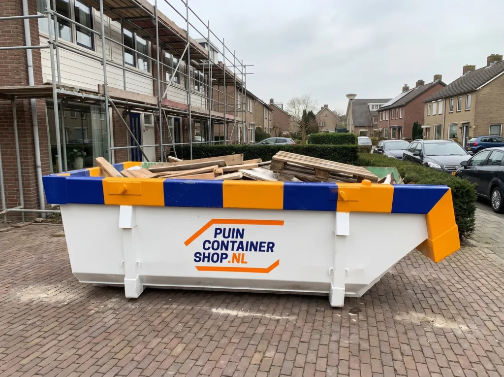Container huren in Venlo: afzetcontainer van Puincontainershop.nl op een oprit bij een woning