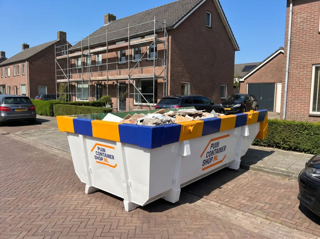 Container huren in Venray: afzetcontainer van Puincontainershop.nl op een oprit bij een woning