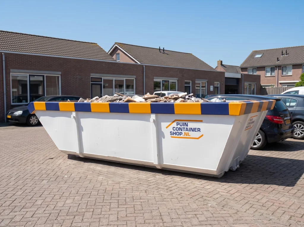 Container huren in Vianen: afzetcontainer van Puincontainershop.nl op een oprit bij een woning