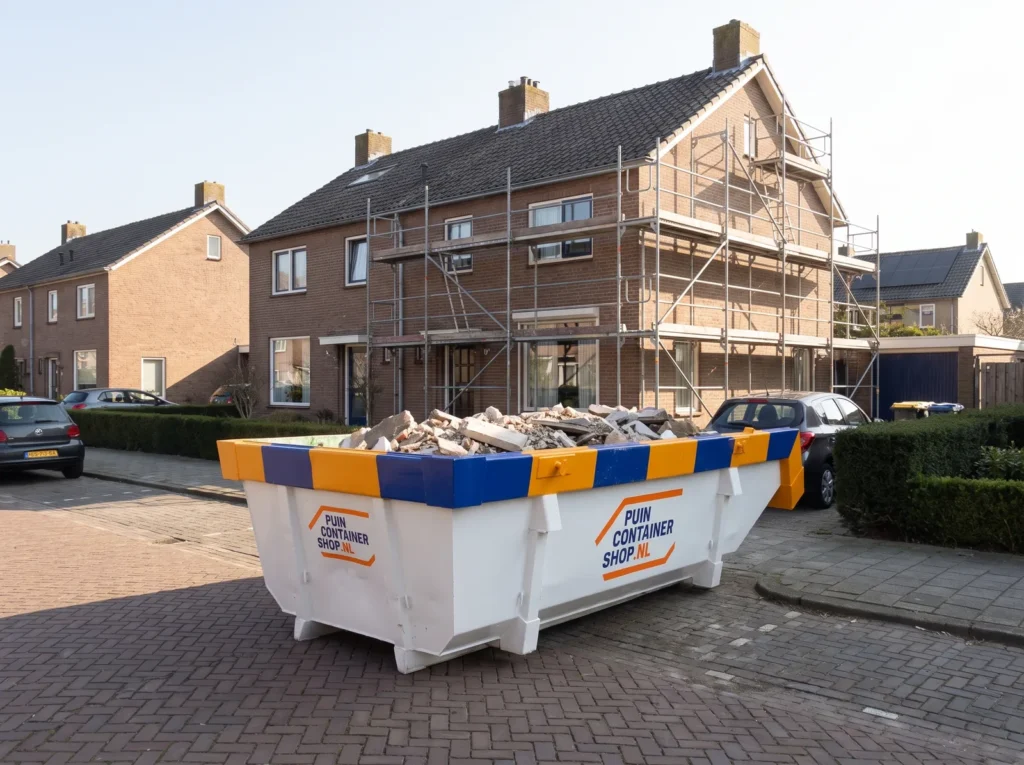 Container huren in Vlaardingen: afzetcontainer van Puincontainershop.nl op een oprit bij een woning